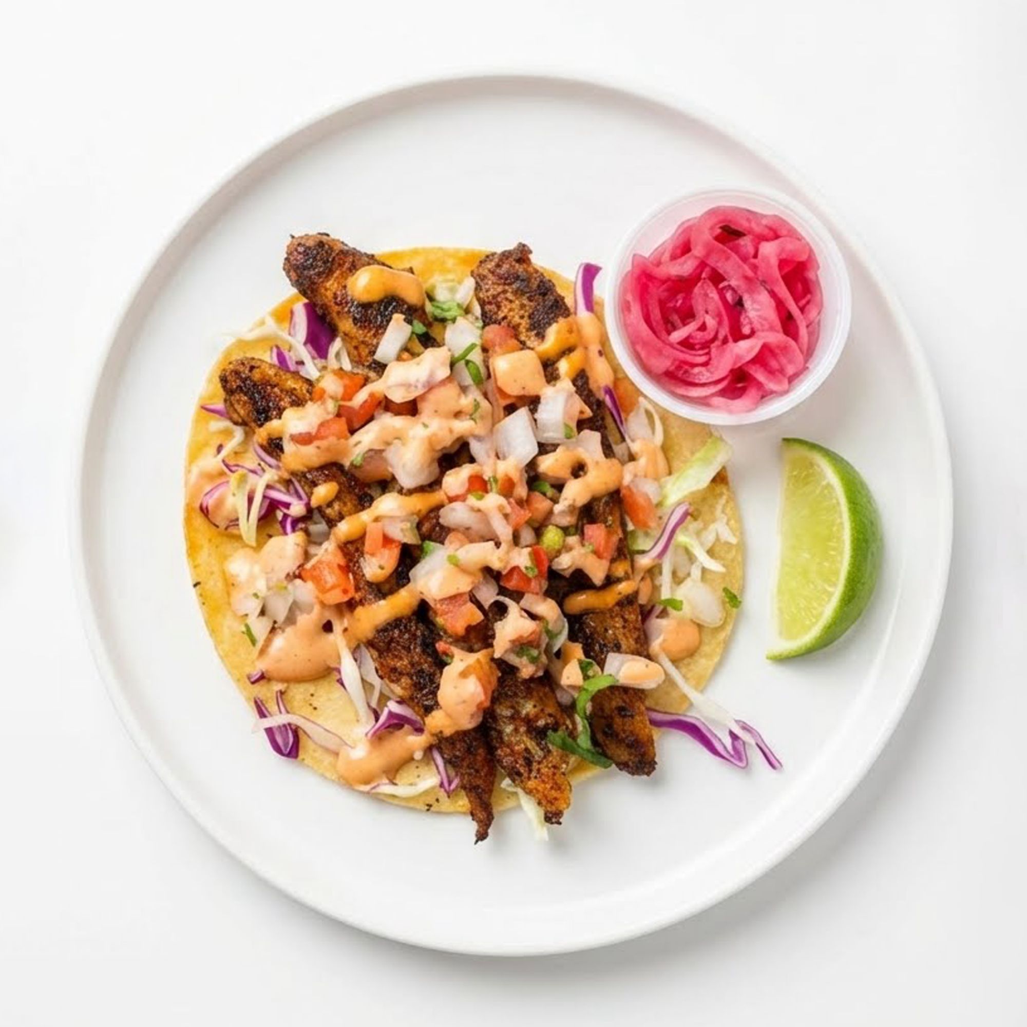 Restaurant food photo after AI enhancement - Transformed from a casual plate setting with yellow background to a clean white circular plate on pure white background. Enhanced lighting brings out vibrant colors in the ingredients, with improved saturation making the red onions and lime pop.